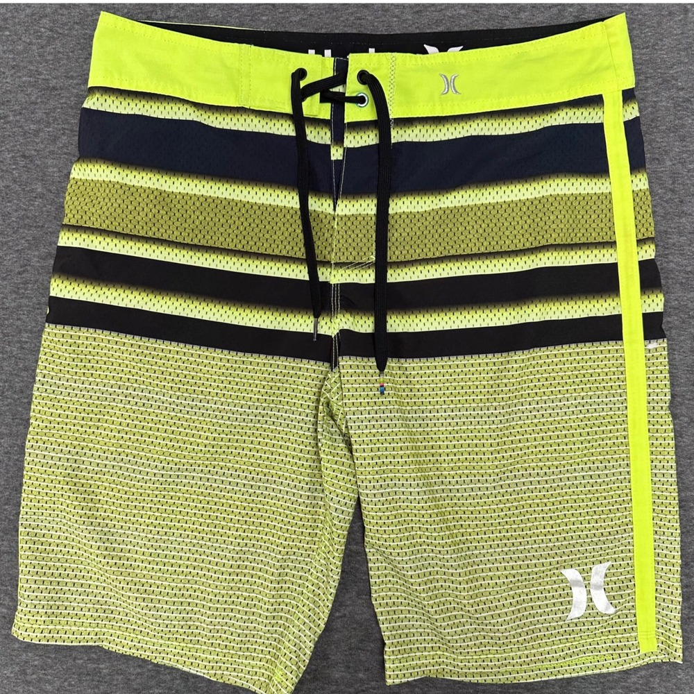 Hurley Phantom Board Shorts Swim Trunks Striped Neon Green Accents Size 31